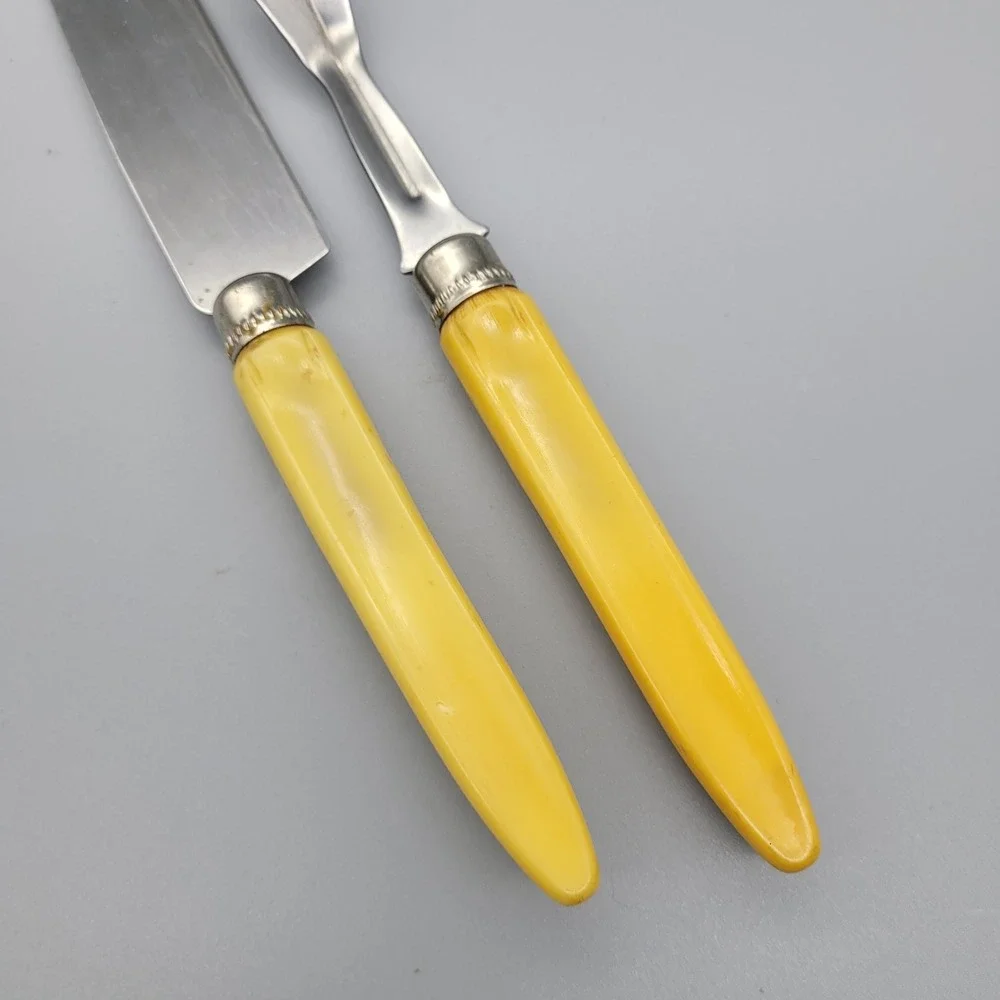 Vintage Stainless Steel Carving Set 2pc Knife and Fork Yellow‎ Fluted Handles